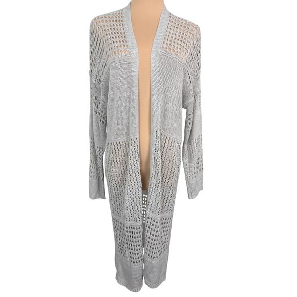 Women’s Large Light Gray Open Knit Longline Duster Cardigan Lightweight Boho - Picture 1 of 4